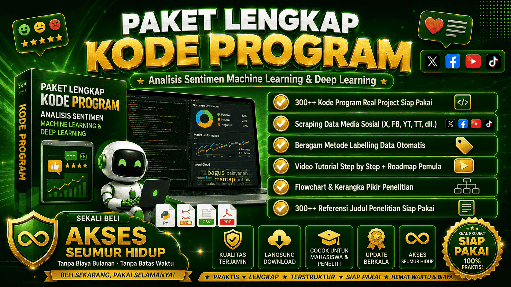 Paket Lengkap 300++ Kode Program Analisis Sentimen Machine Learning & Deep Learning